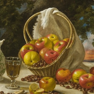 JOHN F. FRANCIS (1808– 1886), "Apples and Nuts in a Basket, a Sunset in the Distance," 1871. Oil on canvas, 24 3/4 x 29 1/2 in. (detail).