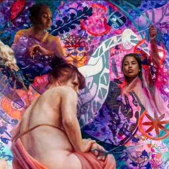 Angela Fraleigh (b. 1976), "A thousand years ago tomorrow," 2023. Acrylic, watercolor, oil, amethyst, lapis lazuli, hematite, and jade on canvas, 80 x 60 in. (detail).