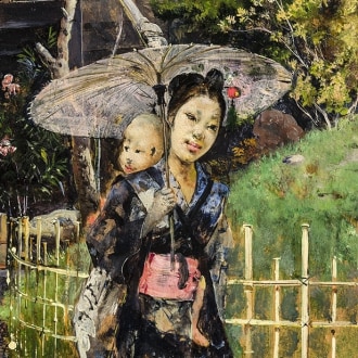 HARRY HUMPHREY MOORE (1844–1926), Japanese Girl Promenading, 1881. Oil on wood panel, 10 7/8 x 6 1/4 in. (detail)