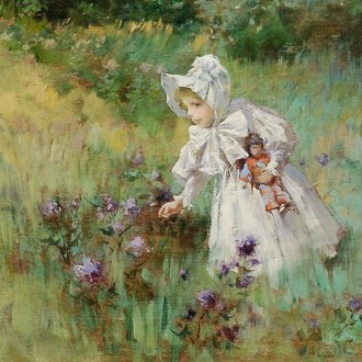 IRVING RAMSEY WILES (1861–1948), "Picking Flowers," about 1895. Oil on wood panel, 15 x 18 in. (detail).