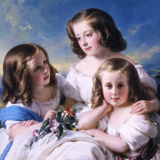 HERMANN FIDEL WINTERHALTER (1808–1891), Trois demoiselles de la famille de Chateaubourg, 1850. Oil on canvas (oval), 40 1/4 x 32 in. (detail).