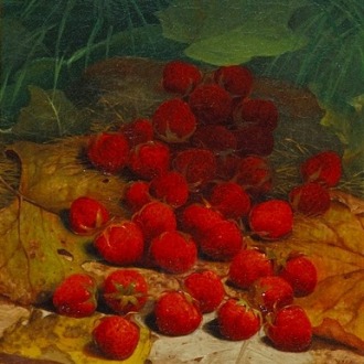WILLIAM MASON BROWN (1828–1898), "Strawberries Strewn on a Forest Floor," c. 1865–70. Oil on canvas, 12 x 10 in. (detail).