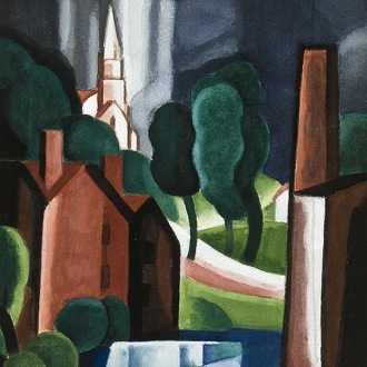 OSCAR FLORIANUS BLUEMNER (1867–1938), "New Hampshire Town," 1931. Watercolor and gouache on paperboard, 11 1/2 x 8 3/4 in. (detail).