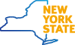 New York State logo with border of the state in blue and name to the left in yellow