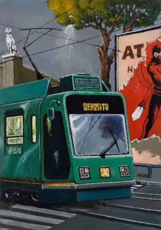 Sergio Ceccotti Scena urbana con tram painting peinture