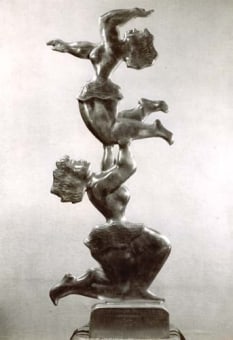Bronze sculpture by Chaim Gross showing two female acrobats stacked with the bottom one holding the upper one in the air.