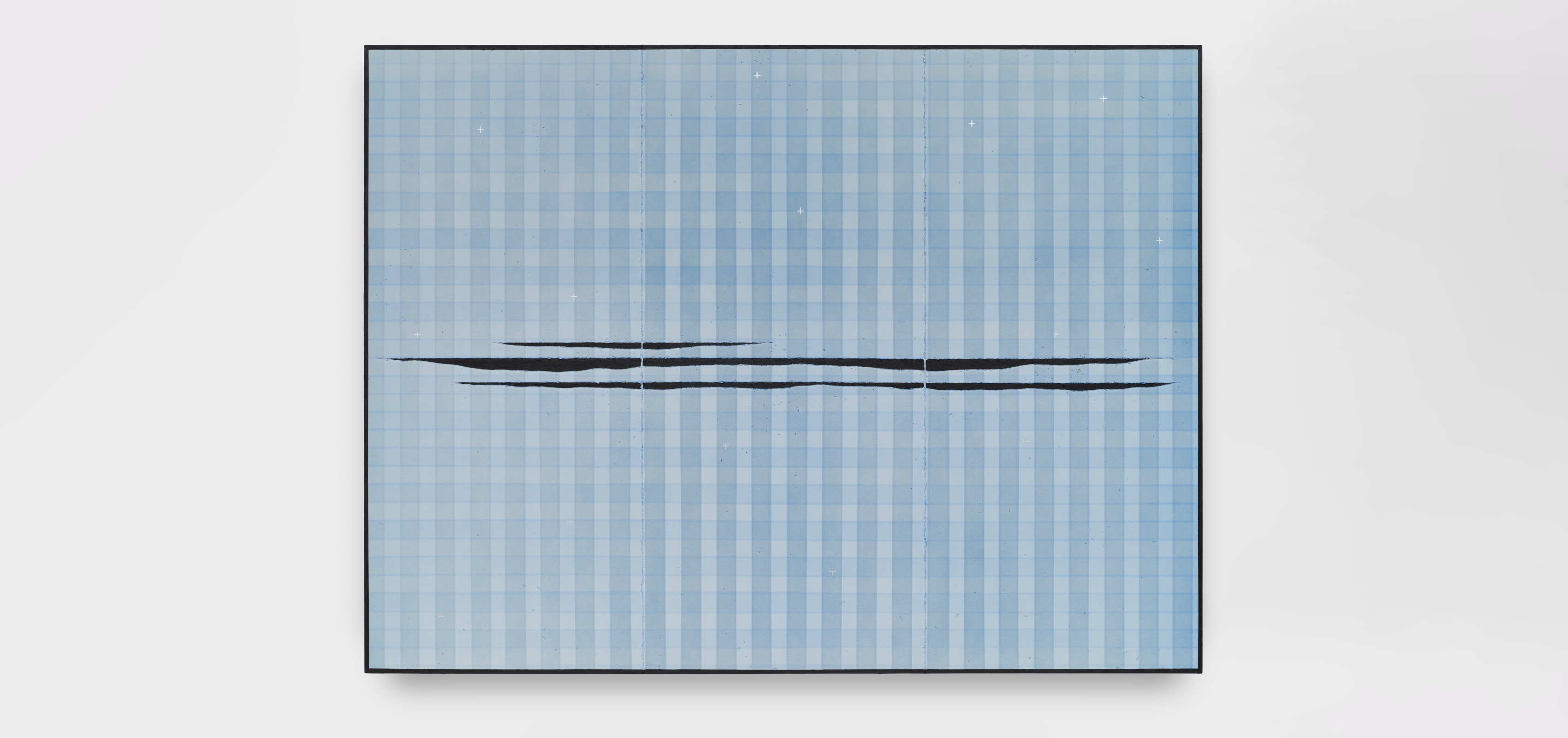 A painting by Claire Colette of a plaid in various blue tones with three black painted slashes through the center.