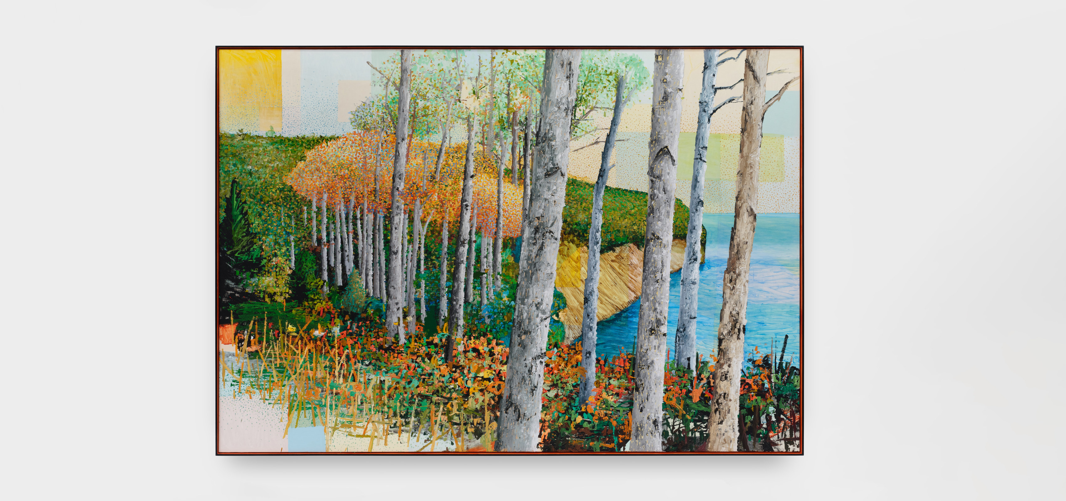 A painting of birch trees along a cliff lined coastline