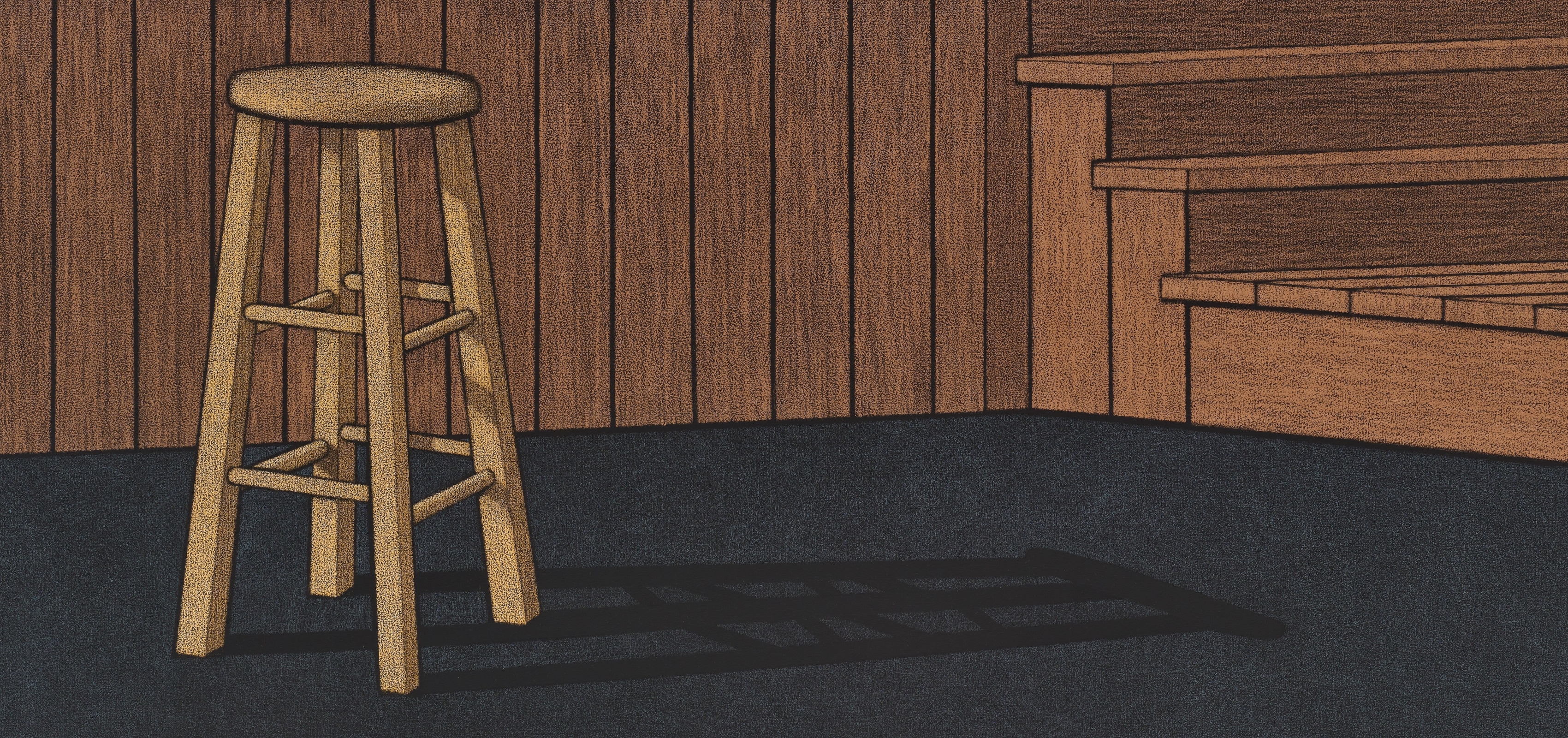 An oil pastel painting of a wooden stool in an empty room with stairs.