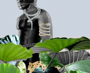 Collage and mixed media artwork of a seated Black woman looking over her proper left shoulder, with long dark hair, draped in fabric composed of jewels and appropriated red images with lips.