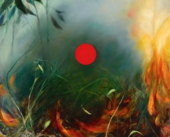 An oil painting of a small sun at the top center shining through smoke from green foliage that is burning with orange and yellow flames.