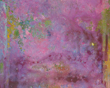 Frank Bowling, Fair Maid, 2009, Acrylic on canvas  68 x 25 inches, Abstract vertical painting with outlined spheres. Frank Bowling is interested in abstract paintings that use a color palette from his home country of Guyana.