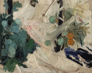 Manoucher Yektai, Tomato Plant, 1959, Oil on canvas, 42” x 48”,   signed and dated lower right SOLD. Abstract piece with vibrant paint strokes in hunter green, navy blue and cream. Manoucher Yektai is an Iranian Artist who studied in Iran, France and New York. He is part of the New York Abstract Expressionists and paints instinctively, which is why he has also claimed to be an Action Painter.