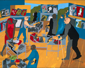 Supermarket - Periodicals, 1994 Gouache on paper 19 3/4 x 25 1/2 inches Signed and dated lower right Flat color figures in brown, red, blue and burnt orange. Jacob Lawrence was one of the most important artists of the 20th century, widely renowned for his modernist depictions of everyday life as well as epic narratives of African American history and historical figures.