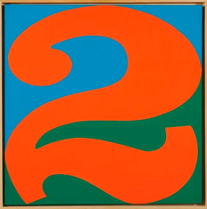 Cardinal Two, a painting with a red numeral two against a blue (upper half) and green (lower half) background