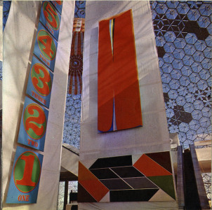 Installation view of The Cardinal Numbers (1966), hung vertically, in the American Pavilion, at Expo ’67 in Montreal; numbers One through Five are visible