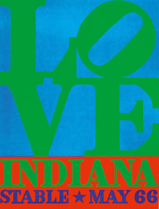 Poster for 1966 Robert Indiana show at the Stable Gallery, with a green LOVE against a blue ground