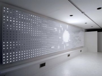 LEO VILLAREAL  Origin  2006, LEDs, circuitry, microcontrollers, aluminum and wood, 80 x 320 x 3 inches inches. Installation View: CONNERSMITH.