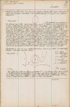 Journal page for January 24, 1959, with a sketch of an aegg and a sketch of the painting Source, I, with letters indicating the different colors the artist planned to use
