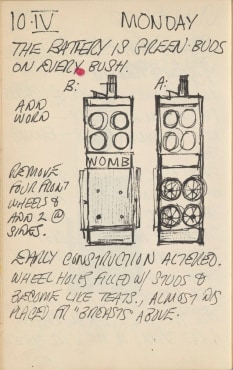 Journal page for April 10, 1961, with sketches of two different versions of the sculpture Womb