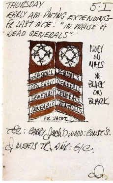 Journal page for January 5, 1961 containing text and a color sketch of the painting In Praise of Dead Generals