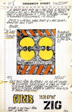 Journal page for May 10, 1962 including text, a color sketch of the painting The Sweet Mystery, and color sketches of the stenciled titles "Orb," "Brow," and "Zig"