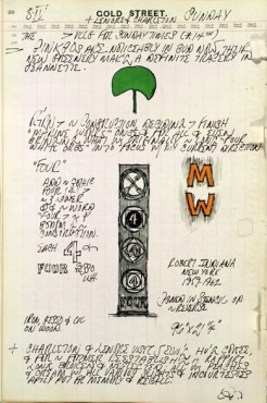 Journal page for April 8, 1962 featuring text and a sketch of the sculpture Four, as well as a sketch of a green ginkgo leaf, and the letters "M" and "W" in orange