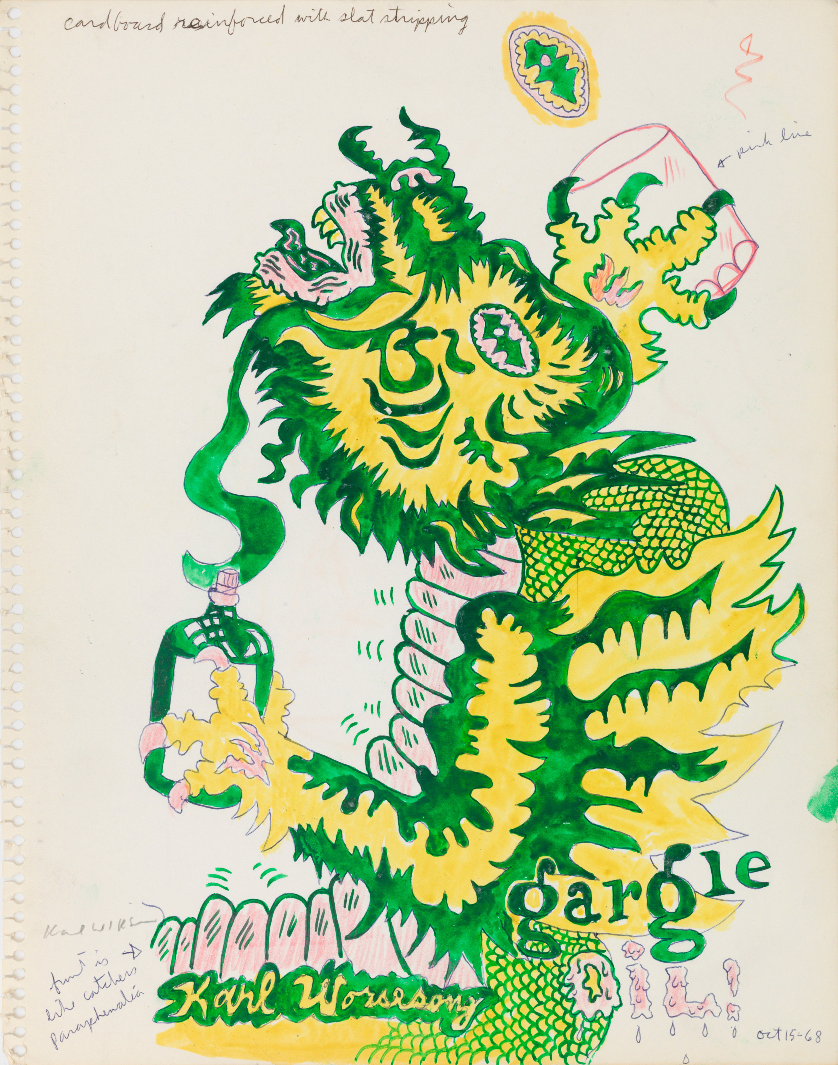 Untitled (Study for Gargoyle Gargle Oil), 1968, Ink and color pencil on paper 