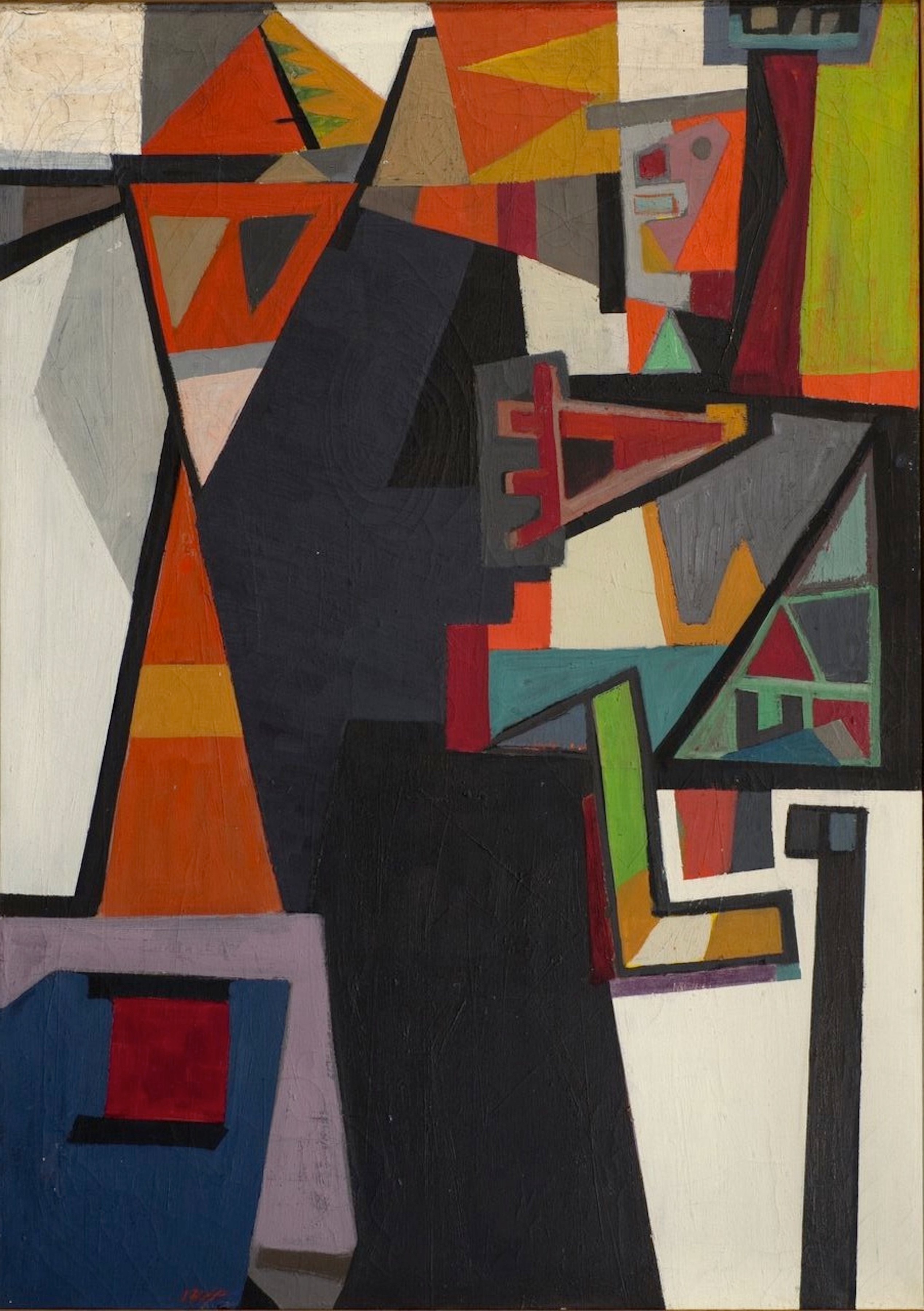 Painting of geometric shapes separated by black lines in a variety of oranges, greens, blues, greys, and whites. On the top left there is a shape resembling the side profile of a human face with a triangular hand painted in red, a large box body, and an L shaped leg pointing to the right.