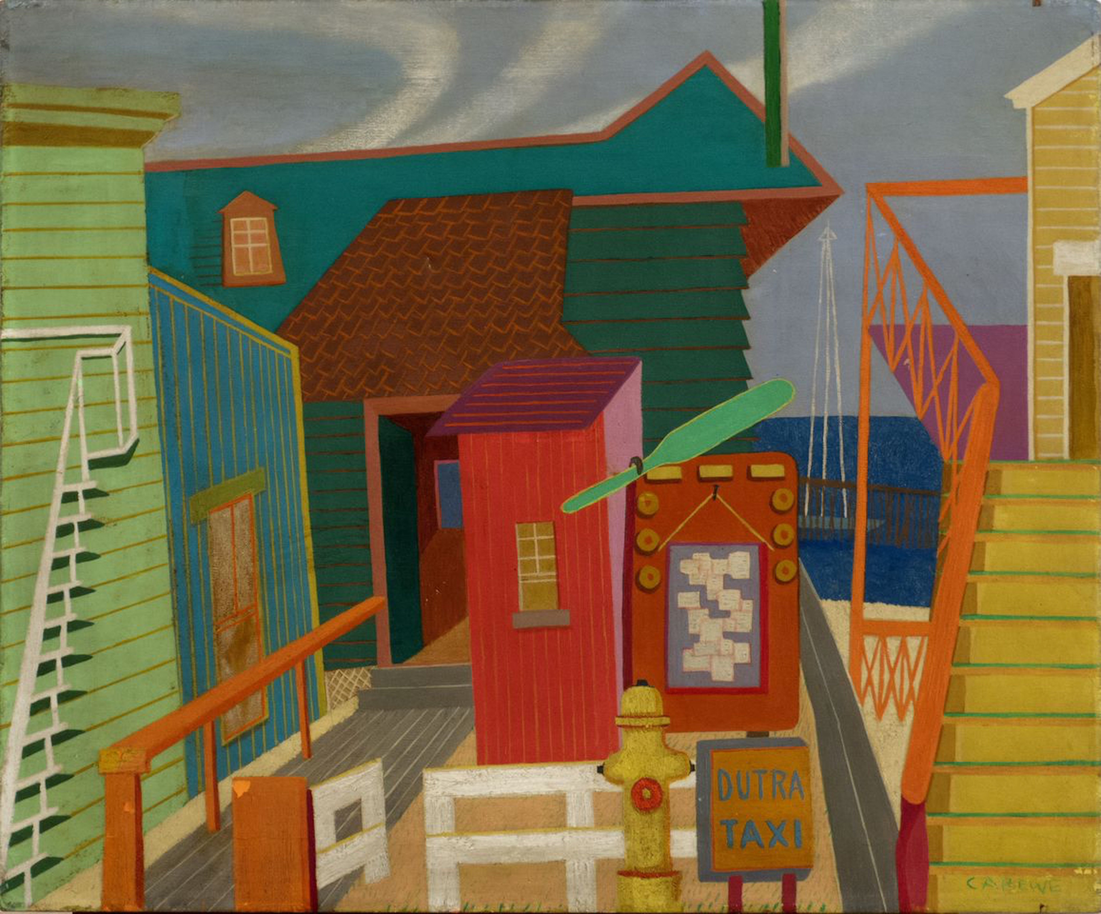 A painting of geometric buildings in bright colors. In the background a portion of a body of water is showing. At the front of a composition there is an orange bulletin board with white slips of paper tacked to a muted blue portion in the center of it. In front of the bulletin board there is a yellow fire hydrant with a small light orange and blue sign next to it that reads &quot;Dutra Taxi&quot;.