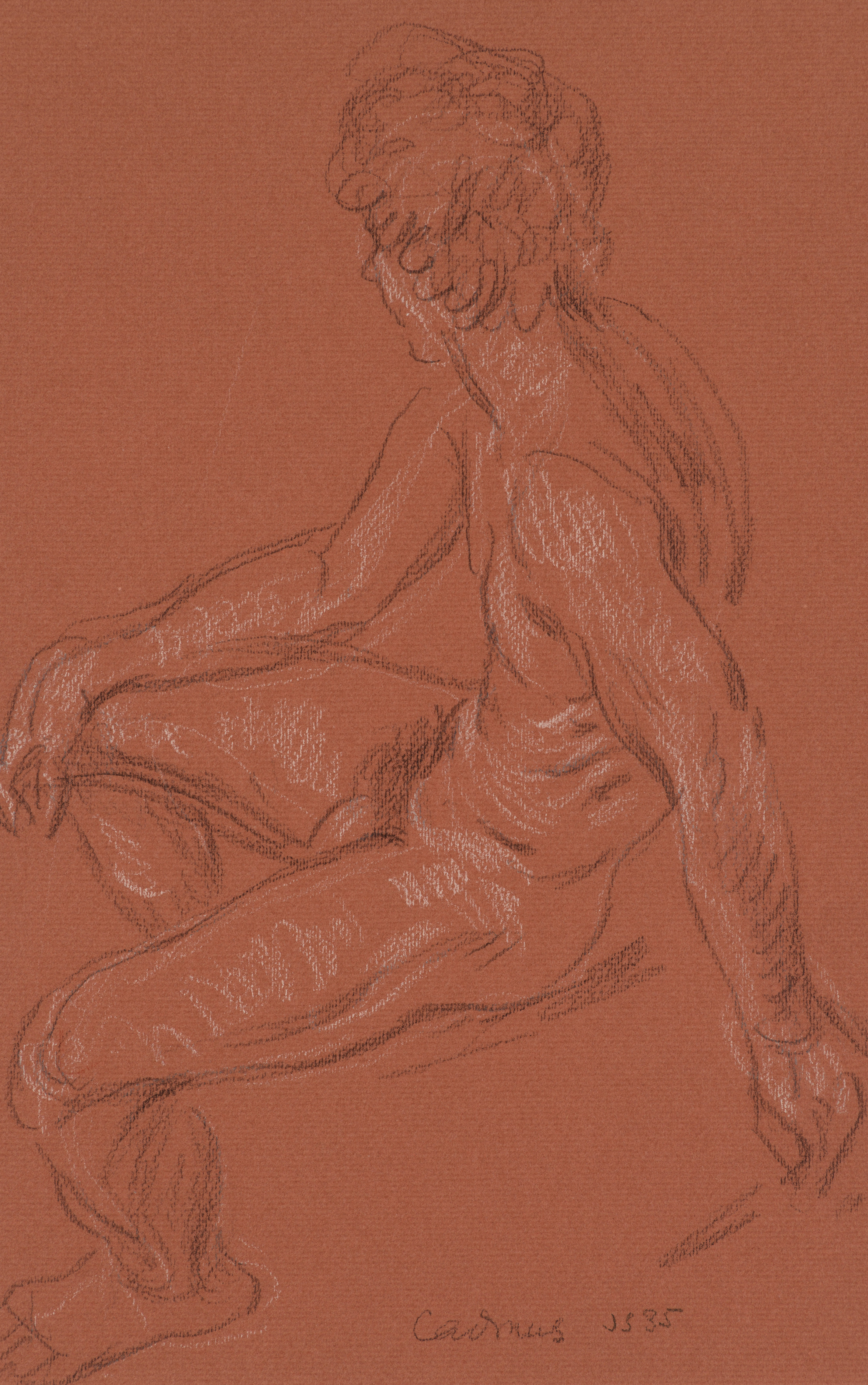 Seated Nude JS35, Crayon on brick red Fabriano paper