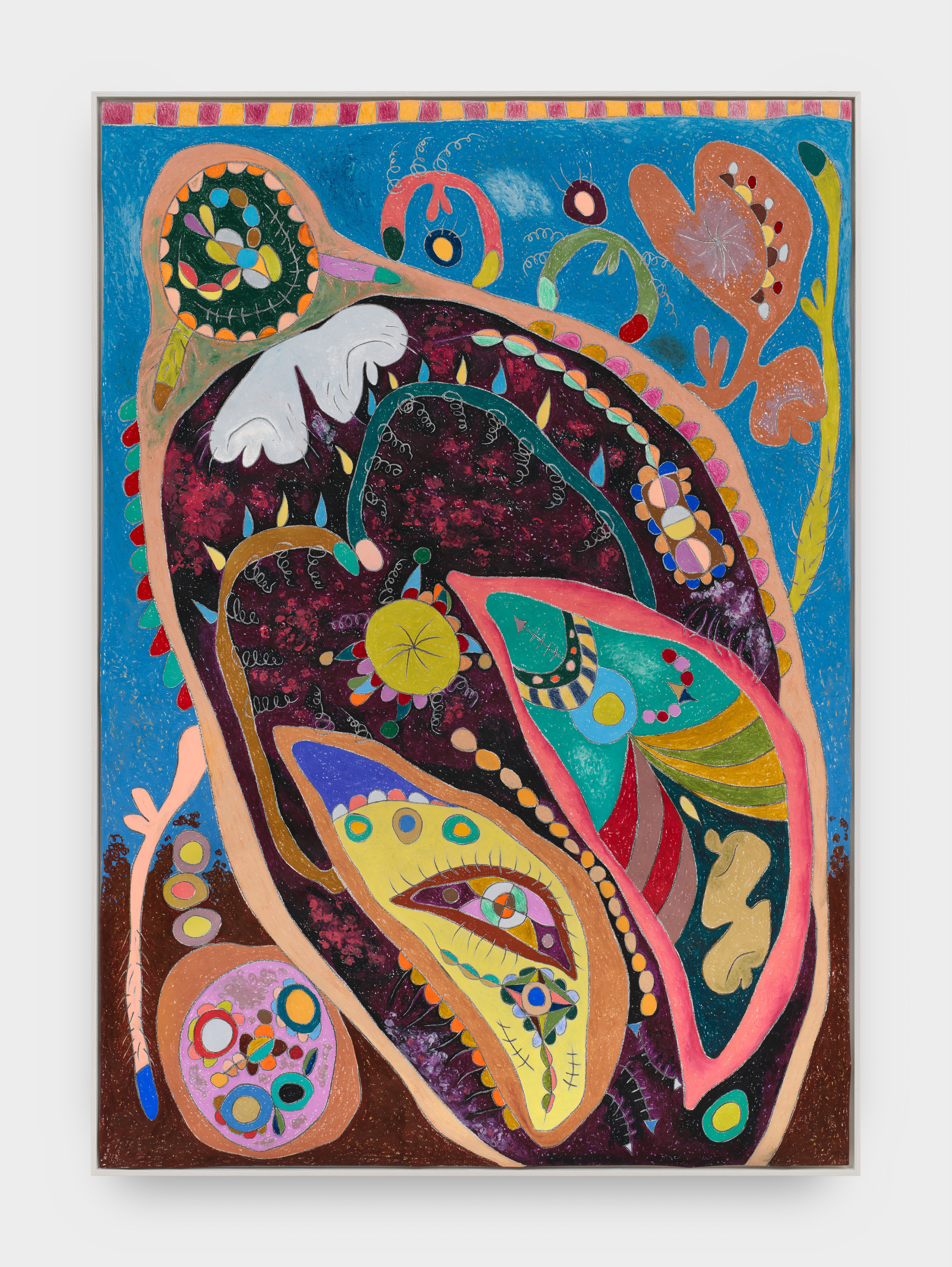 This piece depicts a human like figure as the focal point of drawing. Colors such as yellow, red, black, blue, turquoise, brown, coral, gray, purple cover the entire canvas in varying shapes of circles, crescents, and curved lines. At the center, inside of the human-like figure are two crescent shapes, with the left one smaller than the one on the right. Multi colored shaped float inside the two shapes.