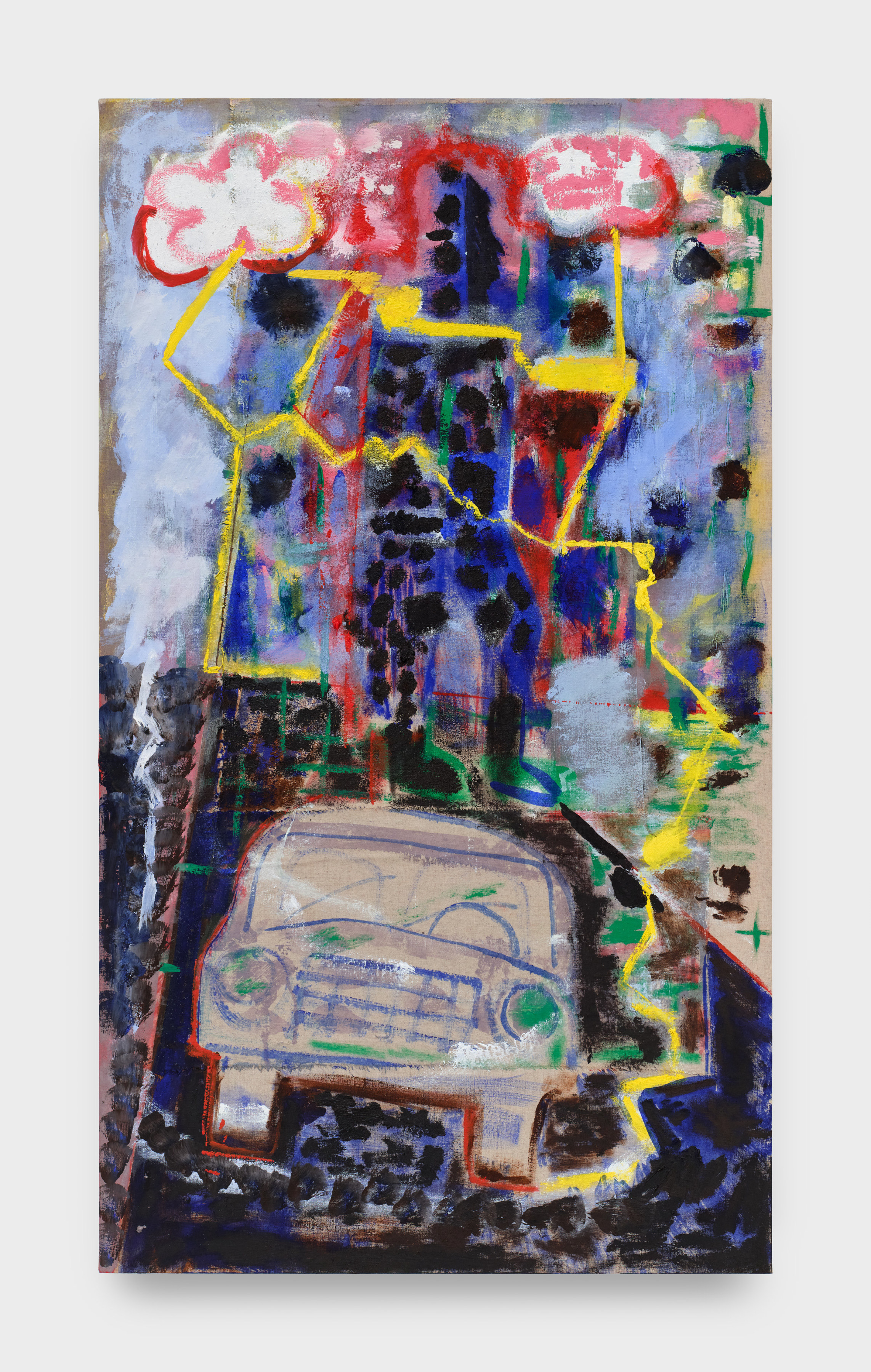 A painting of a blue car driving towards the viewer with abstracted yellow lightning and floral clouds.