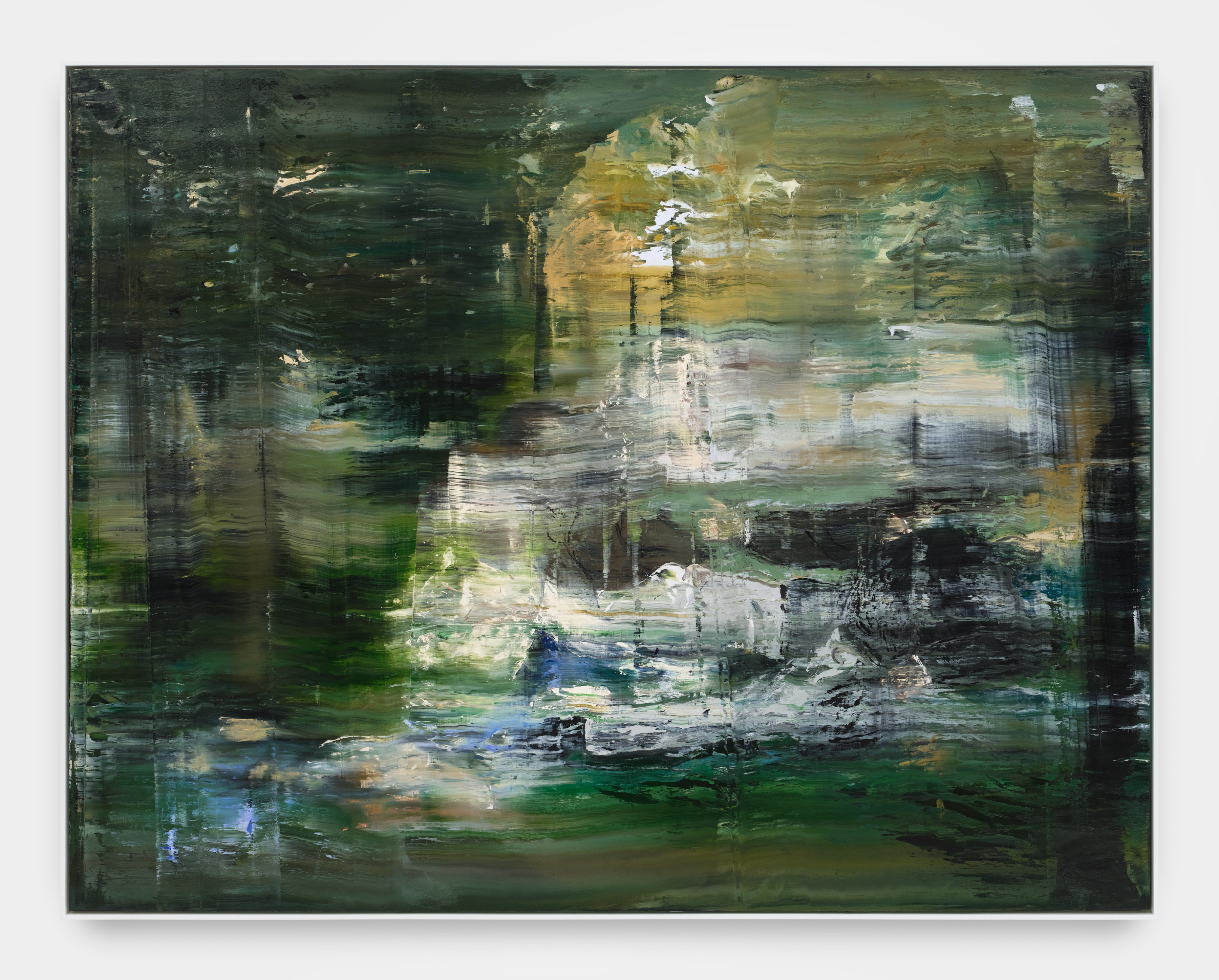 An abstract painting of green, yellow and blue streaks of paint in the style of Gerhard Richter. 