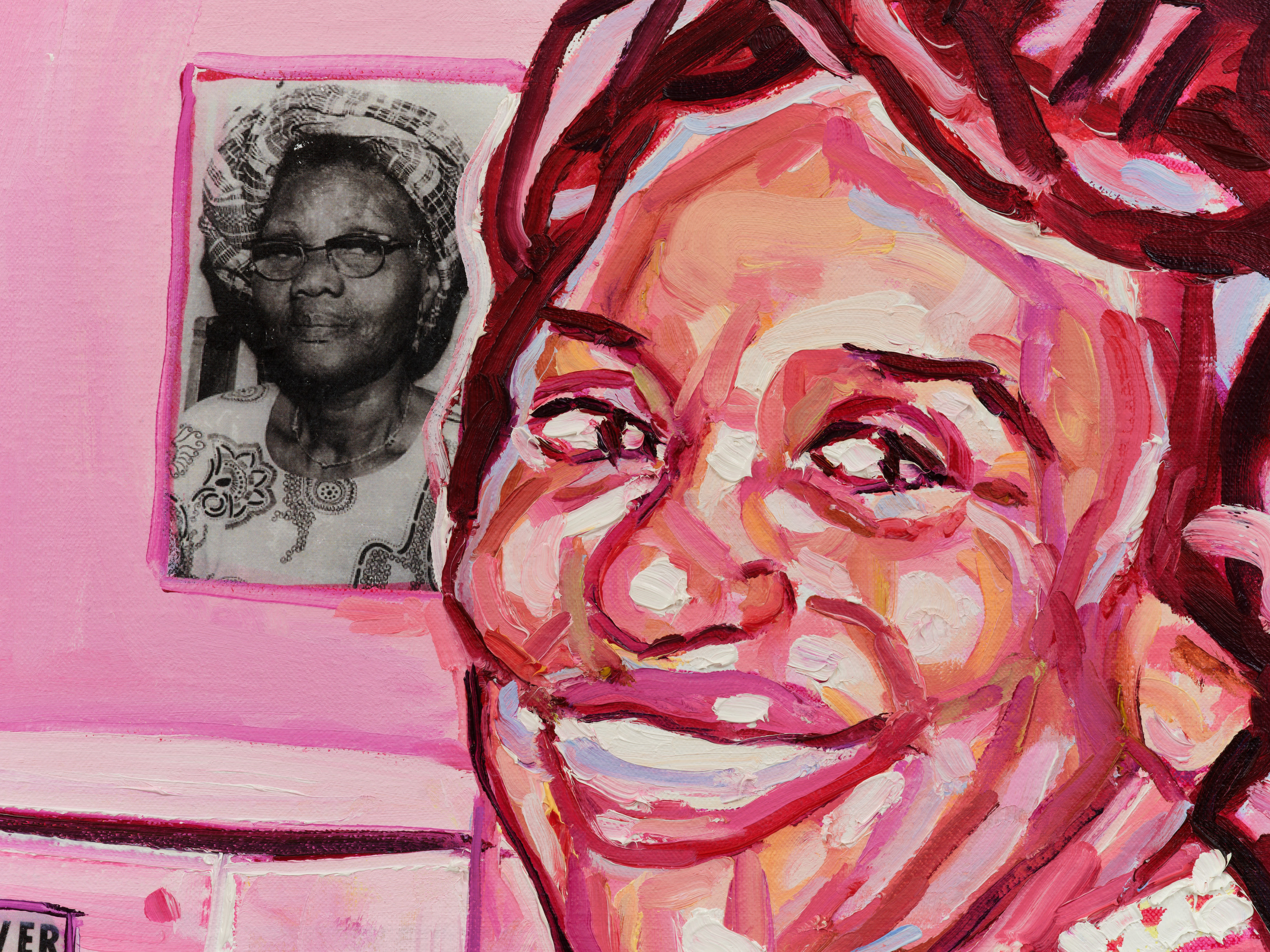 Detail of a woman smiling next to a xerox transferred black and white photo.