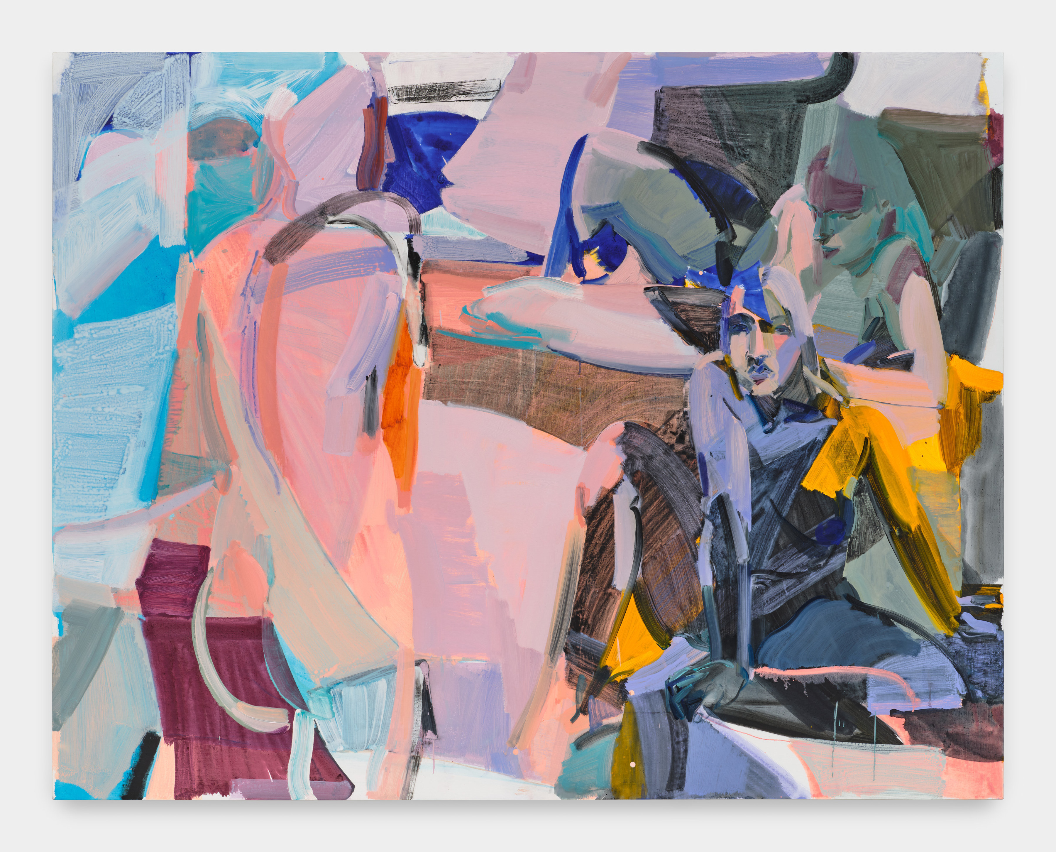 Loose geometric swatches of lapis, pink, lavender, ochre, burgundy and navy blues comprise an abstract space with a reclining figure, a seated figure and a standing figure. 