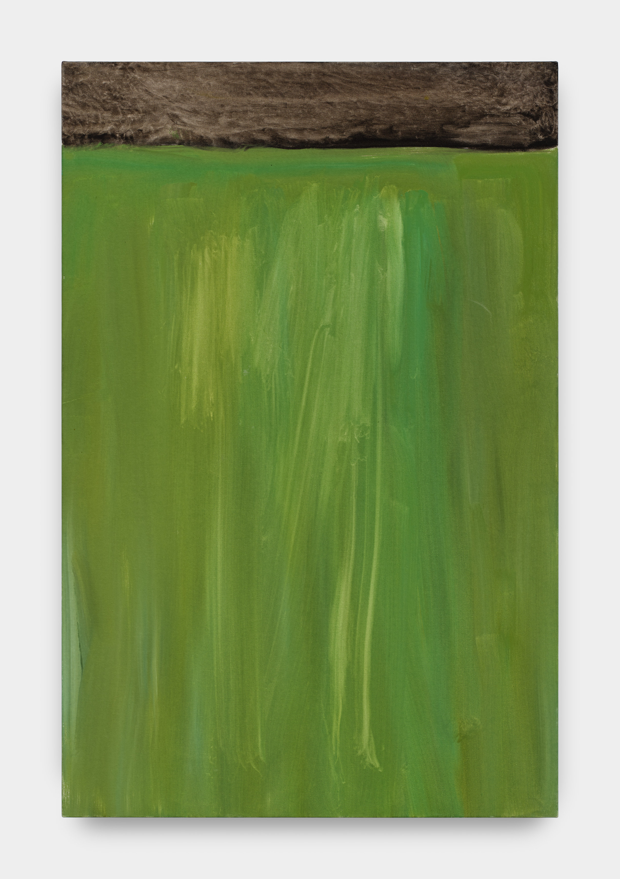 An abstract painting with vertical brushstrokes in olive green with a desaturated brown swatch along the top of the canvas.