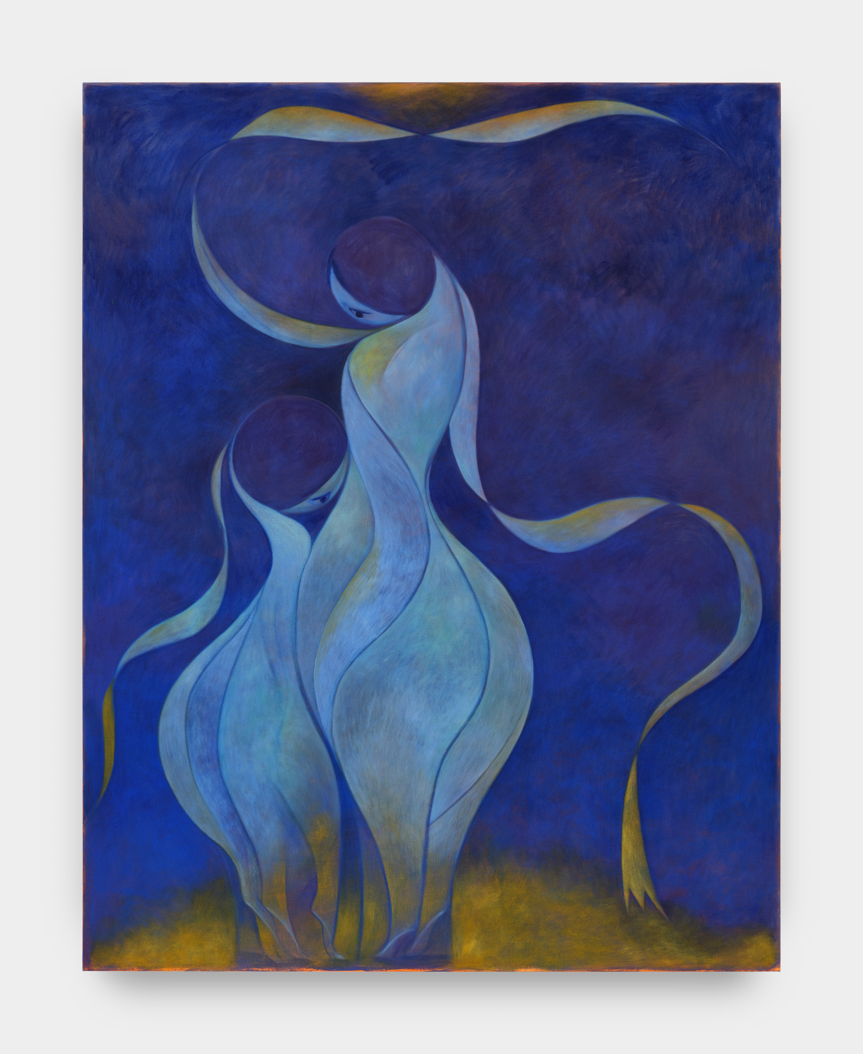 A painting depicting two light blue rounded figures on tip toe with ribbon like arms against an indigo background. 