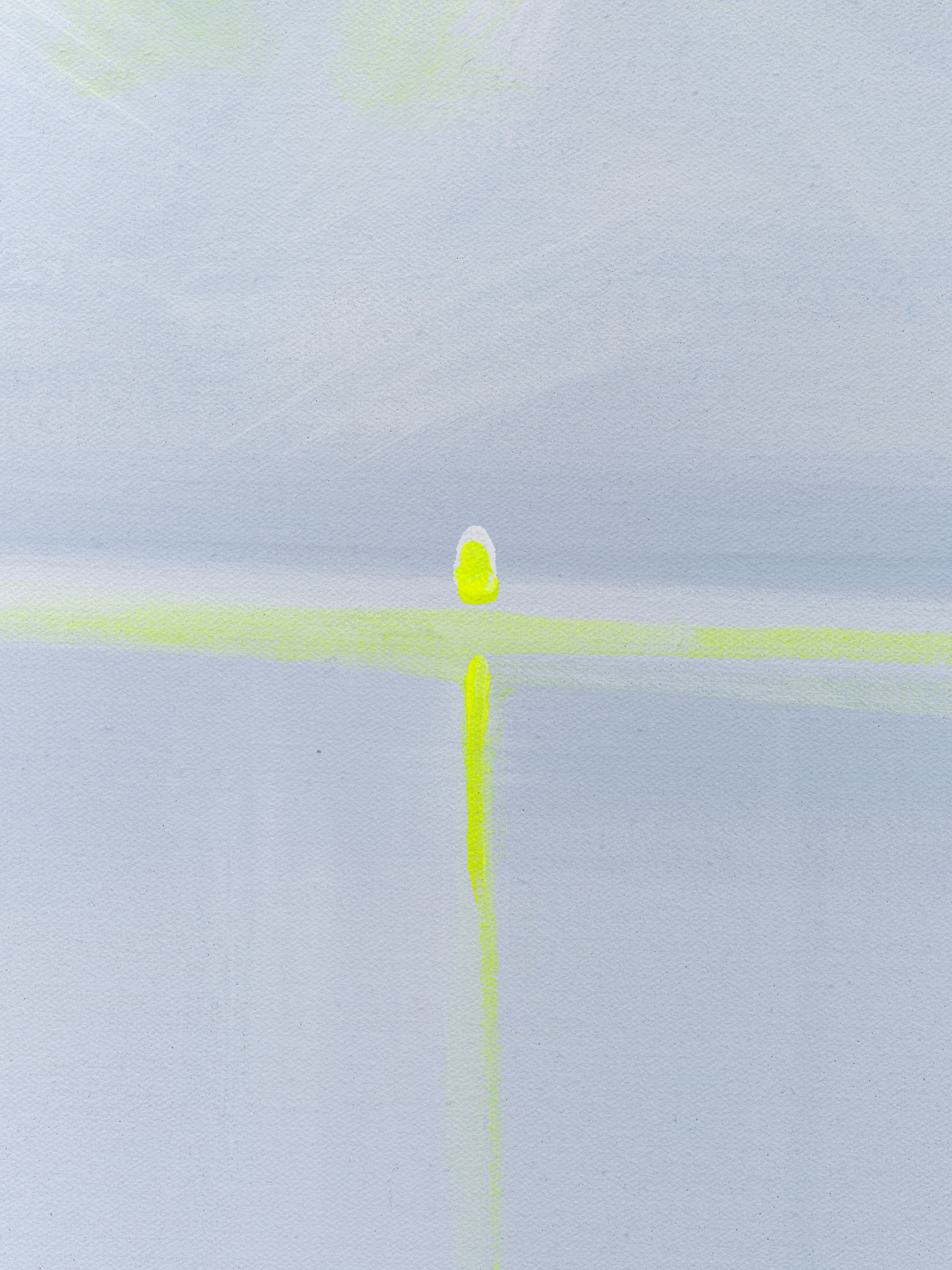 A detail of Wanda Koop’s “Black Sea Portal - Luminous Yellow” with a neon yellow dot and strokes again an ice blue background 