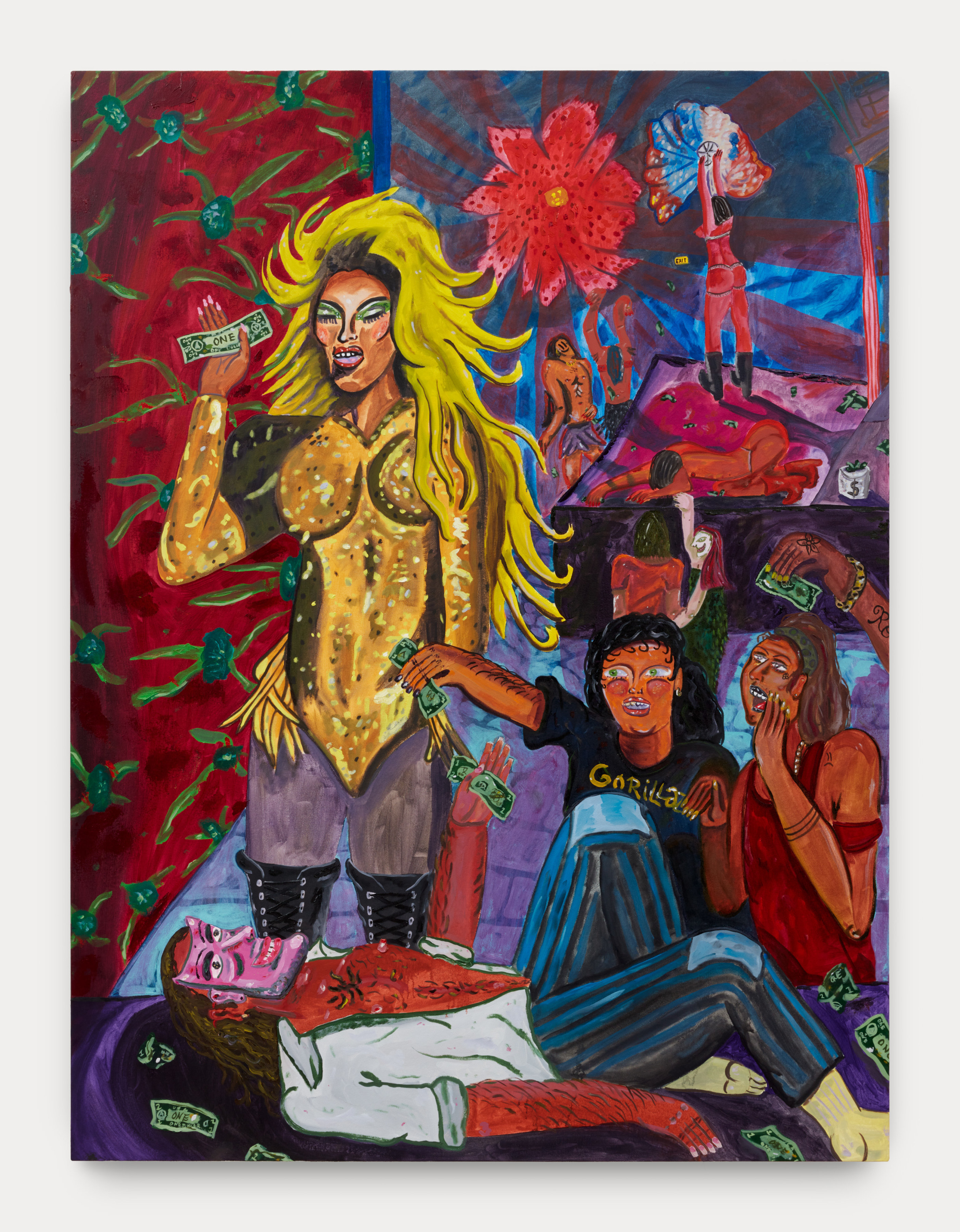 Marcel Alcalá's artwork "Surviving the Performance". A figure lies on the floor wearing a purple mask while onlookers throw one dollar bills. 72 x 54 in (182.9 x 137.2 cm), oil on canvas, 2023