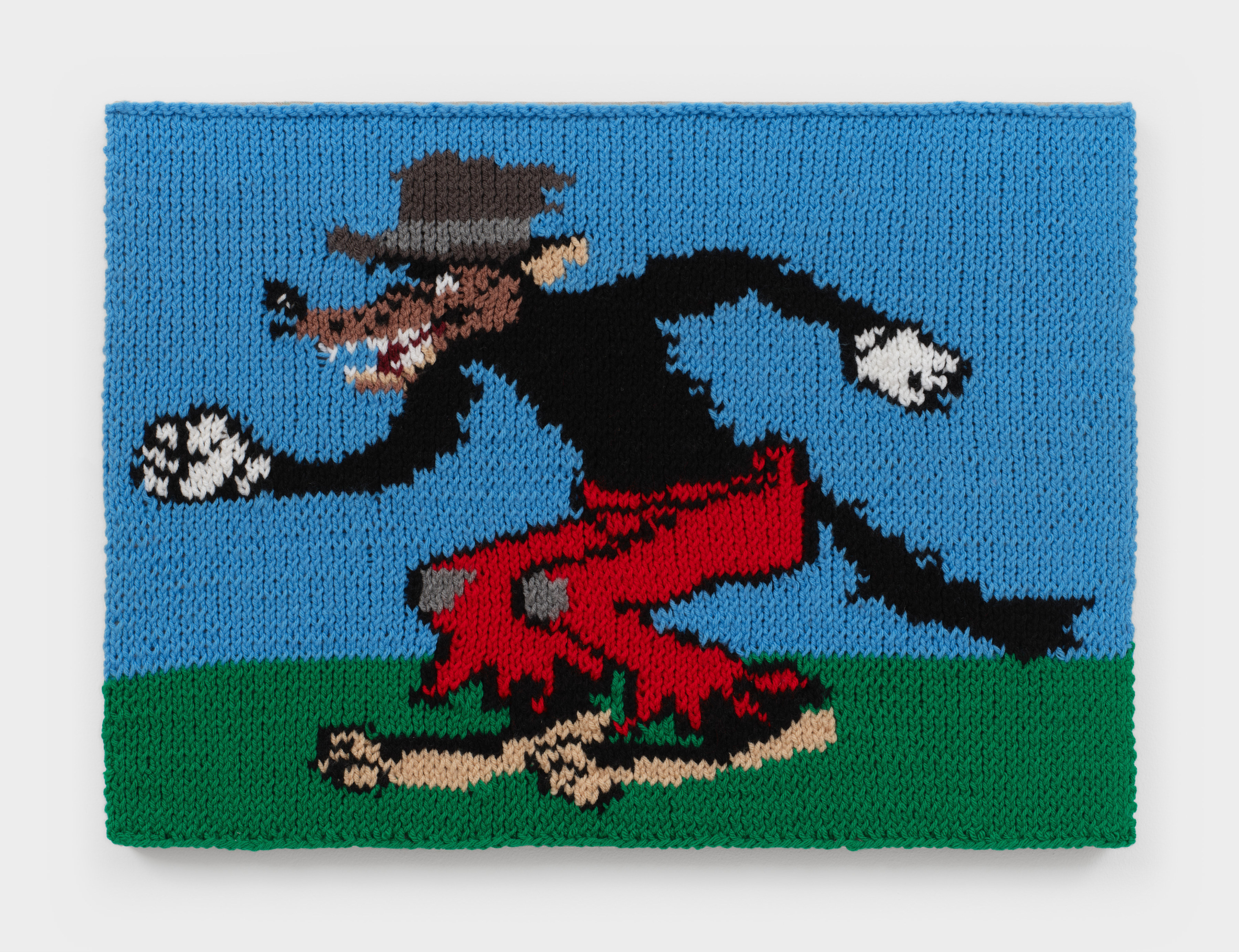 A knit artwork depicting a cartoon wolf in a top hat and red pants against a blue sky, sewn into linen and stretched.