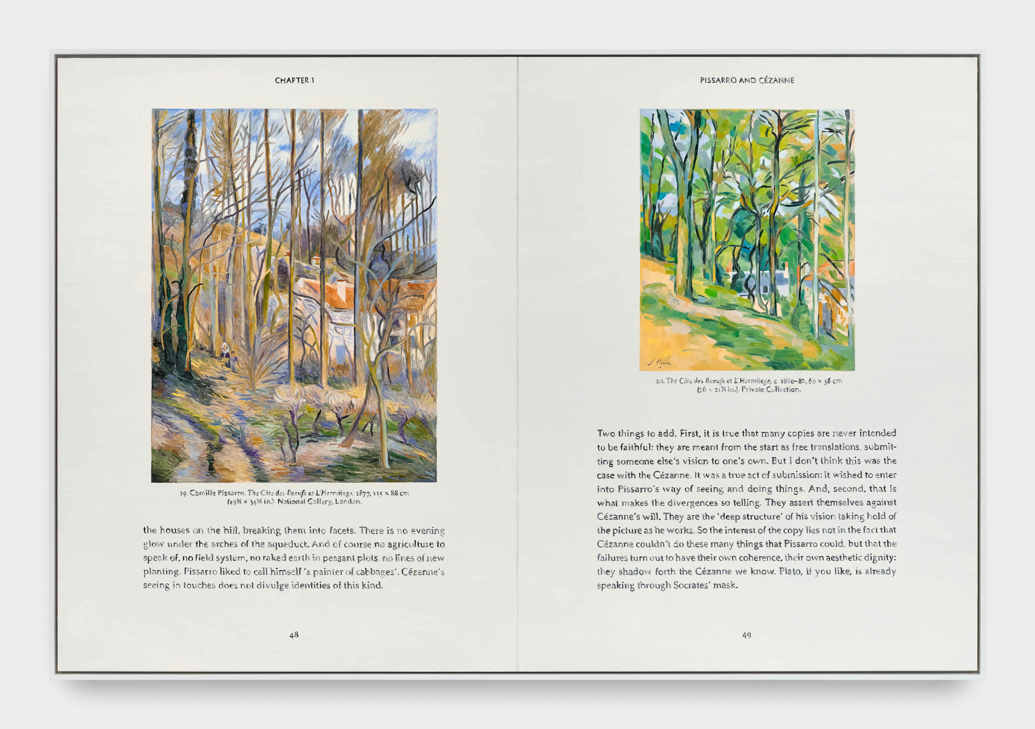 A large painting of two pages of a book with recreations of Camille Pissaro and Paul Cézanne paintings with text beneath the images describing the artists recreating works and the creative potential of translation. 