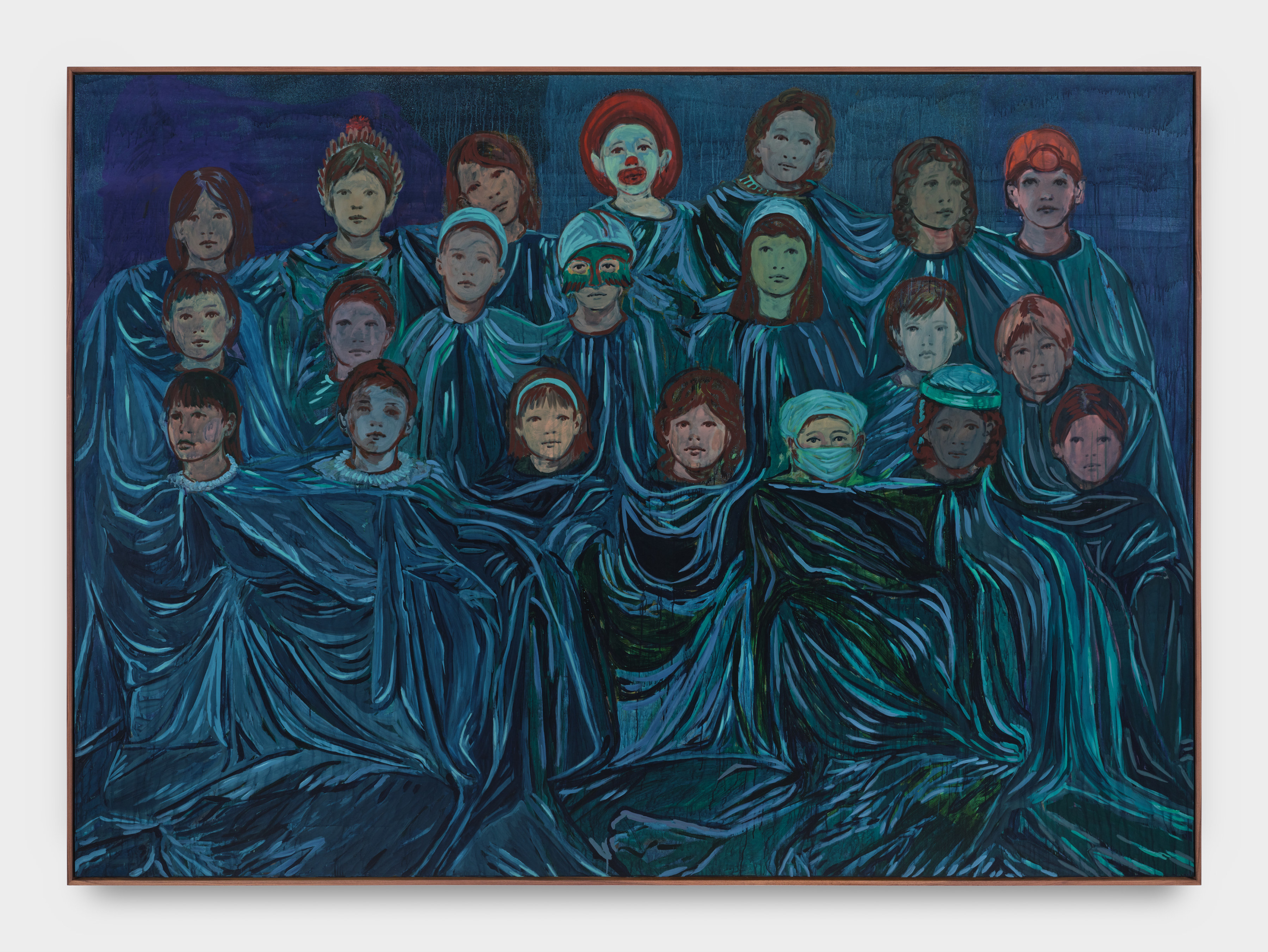 A large painting of three rows of children cloaked in blue fabric with some adorning masks and clown make up.