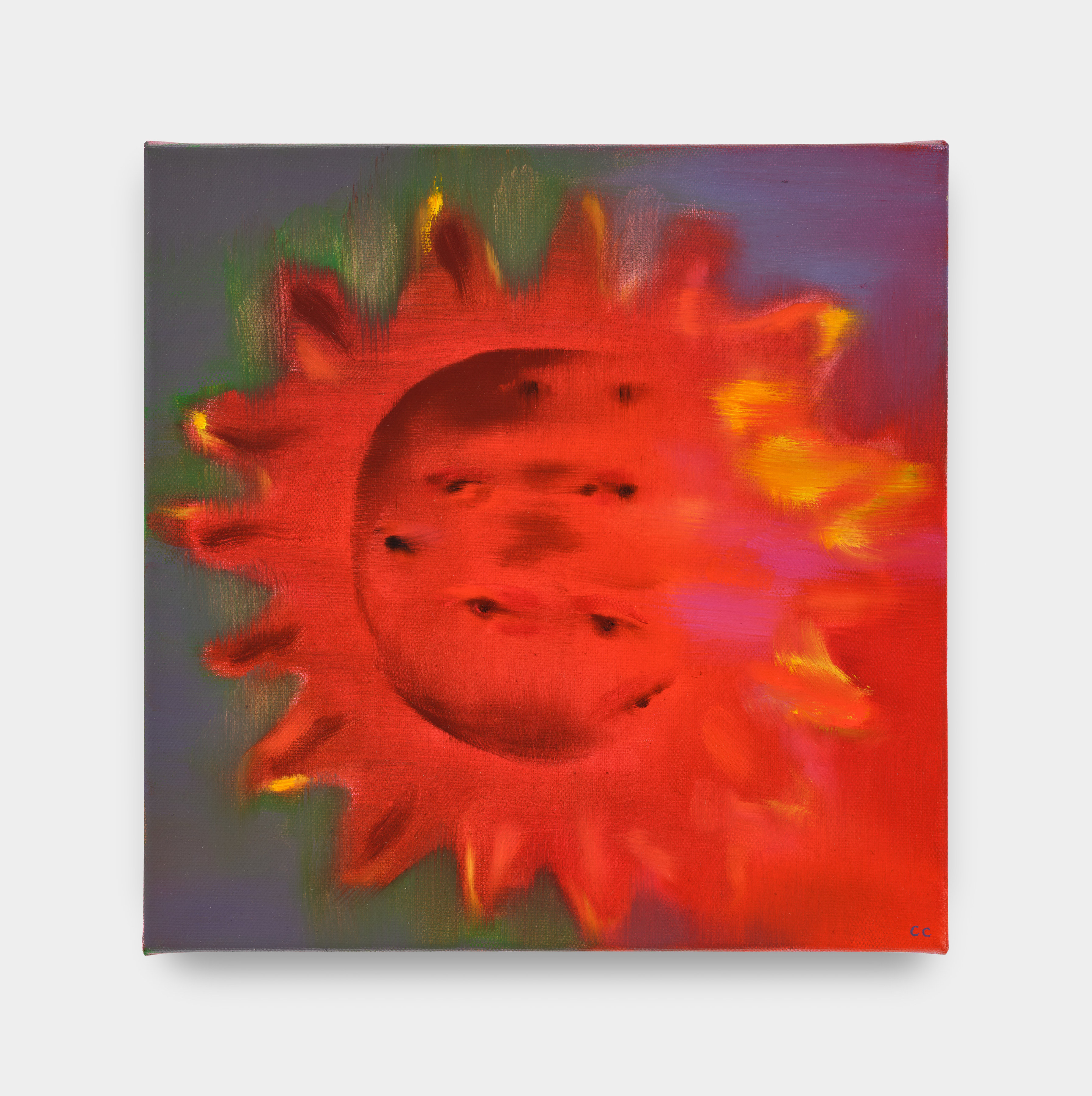 A painting of a red sun with multiple eyes against a green and purple sky. 