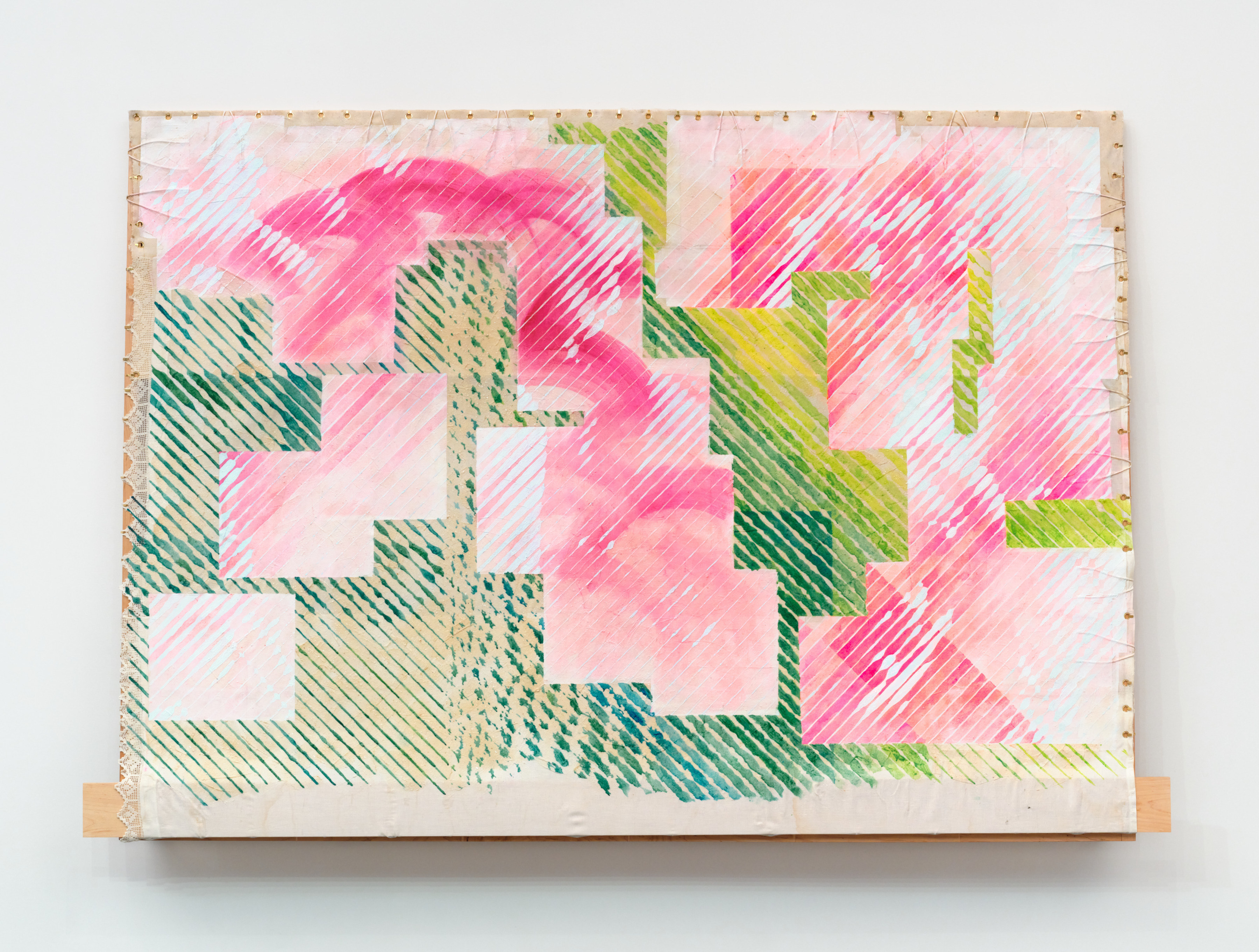 A layered painted photo transfer of the bark of a tree in pinks and greens mounted on a protruding wood frame. 