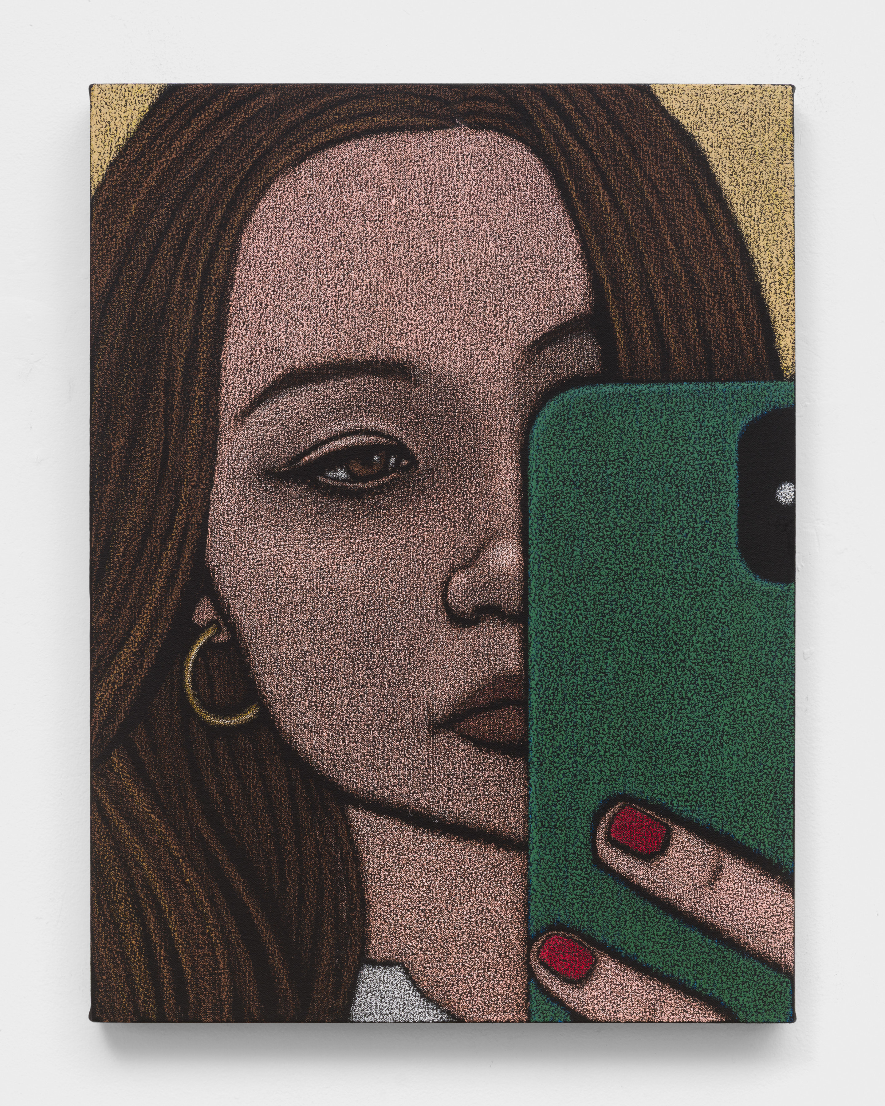 An oil pastel painting of a woman taking a selfie in the mirror with a smartphone.