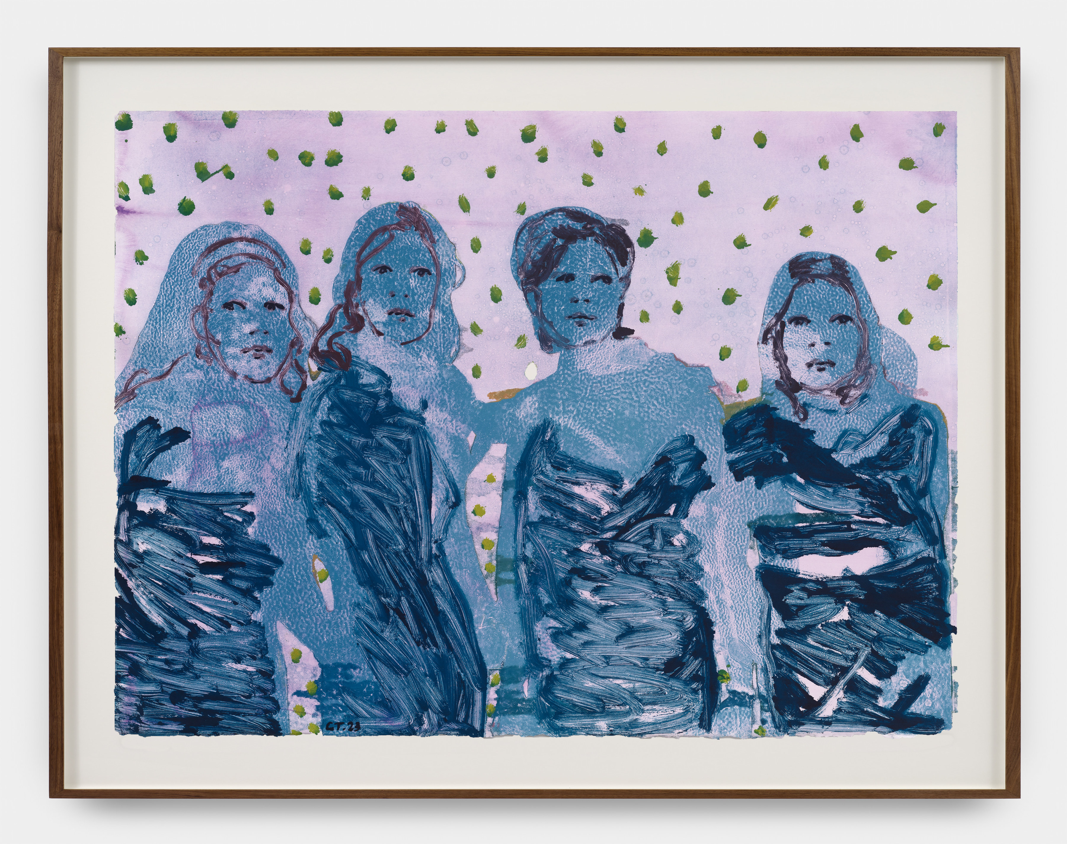 A monoprint in blue and lavender of four women in dresses looking out at the viewer. 