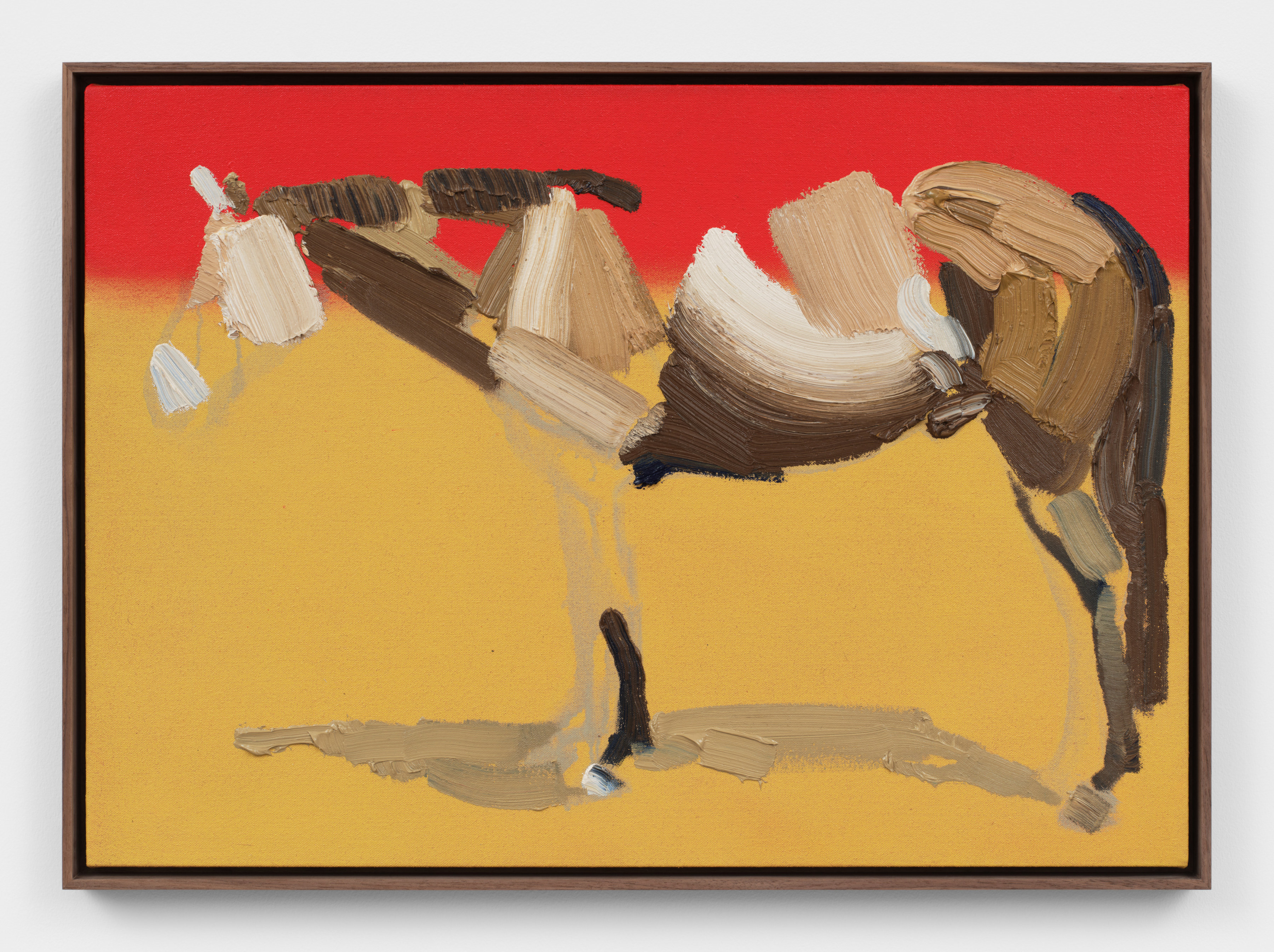 A painting with thick brushstrokes depicting the side view of a horse grazing rendered in shades of brown against a red and yellow background.