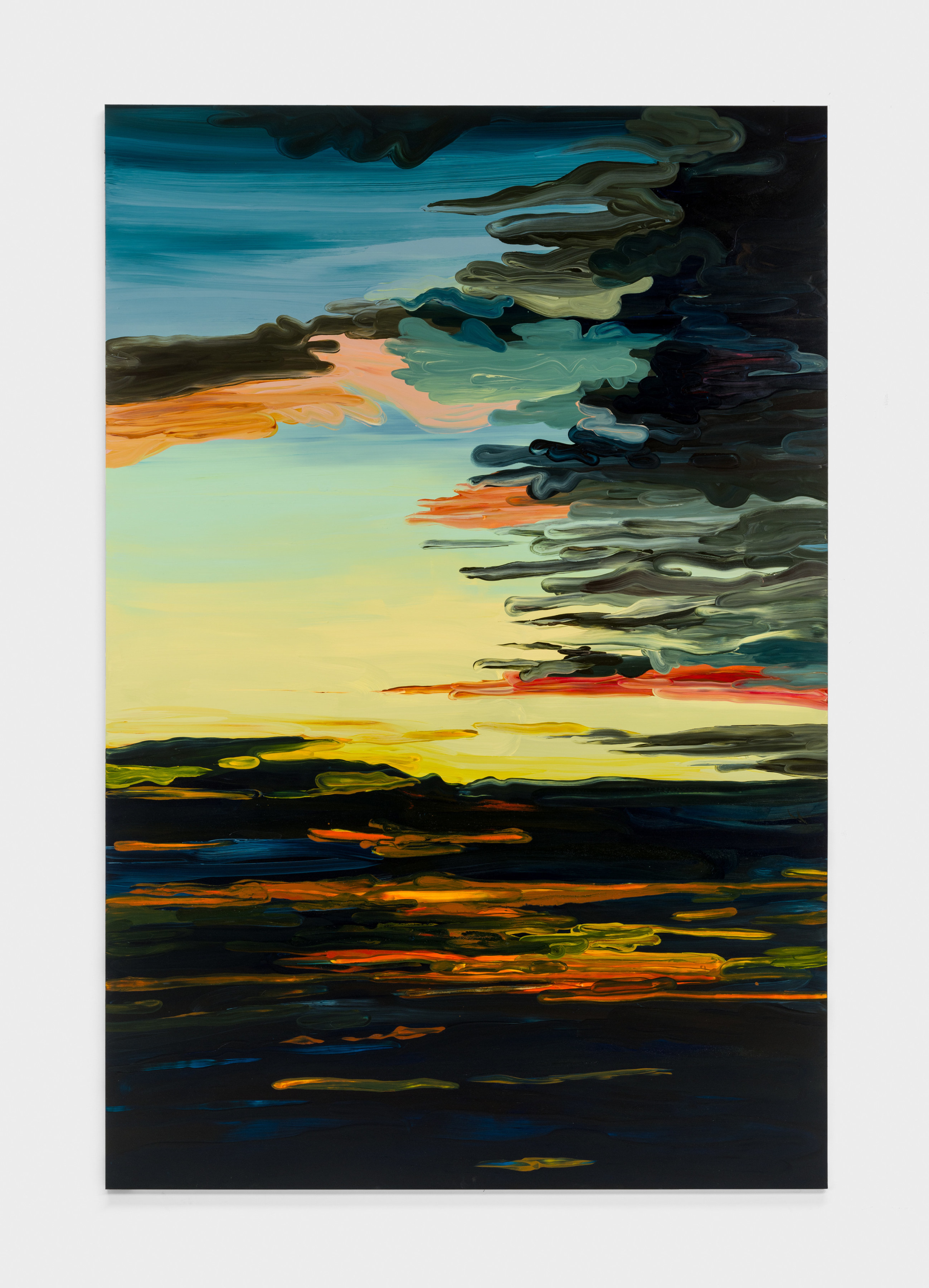 A depiction of a cloudy sunset sky with hues of pink, blue, yellow, and green. 