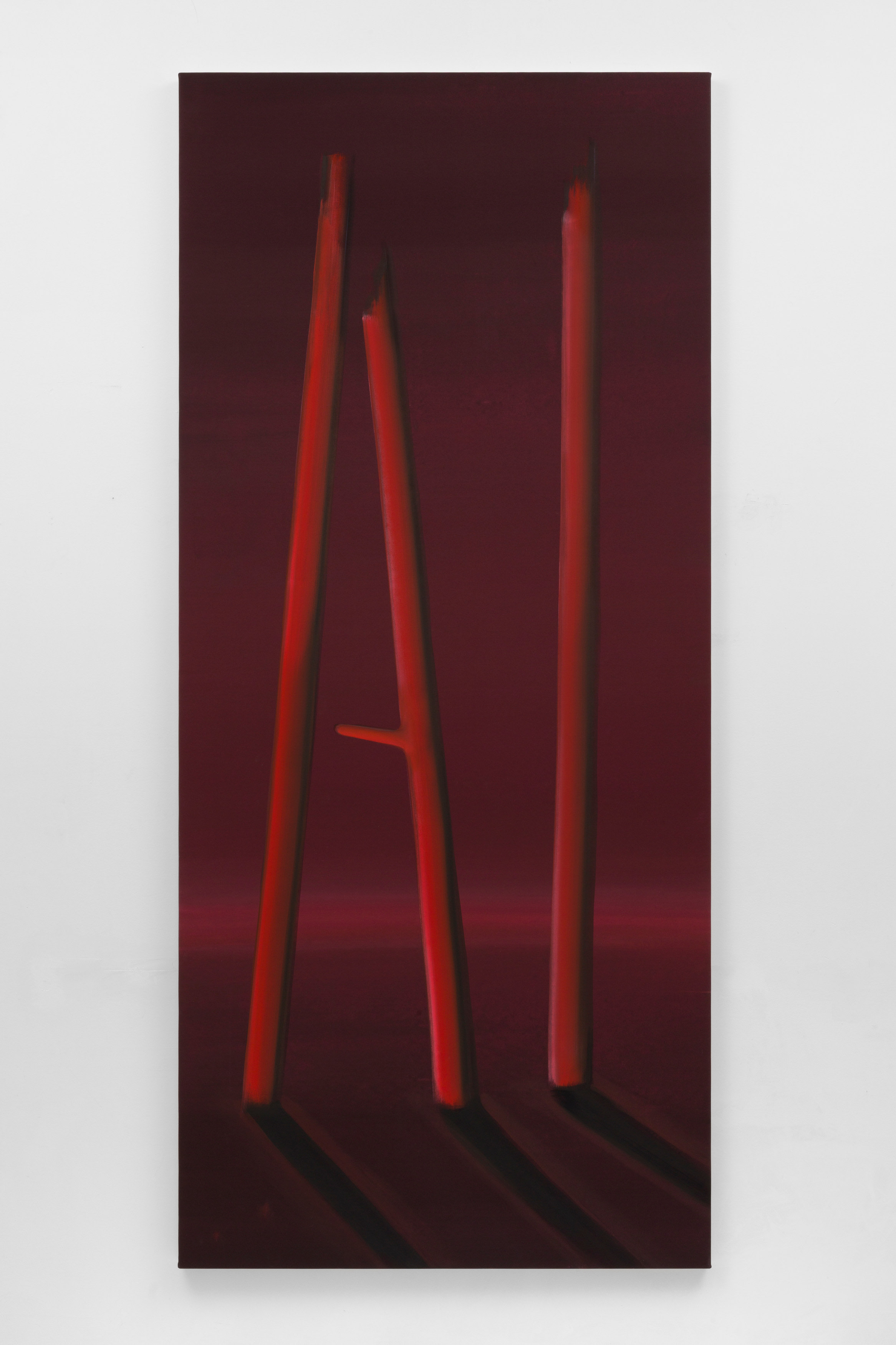 A painting by Wanda Koop of three red sticks sticking out of a burgundy sky and reflective water forming "AI".